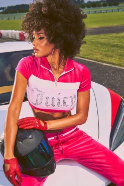 Colorblock Bling Half Zip Velour Topp